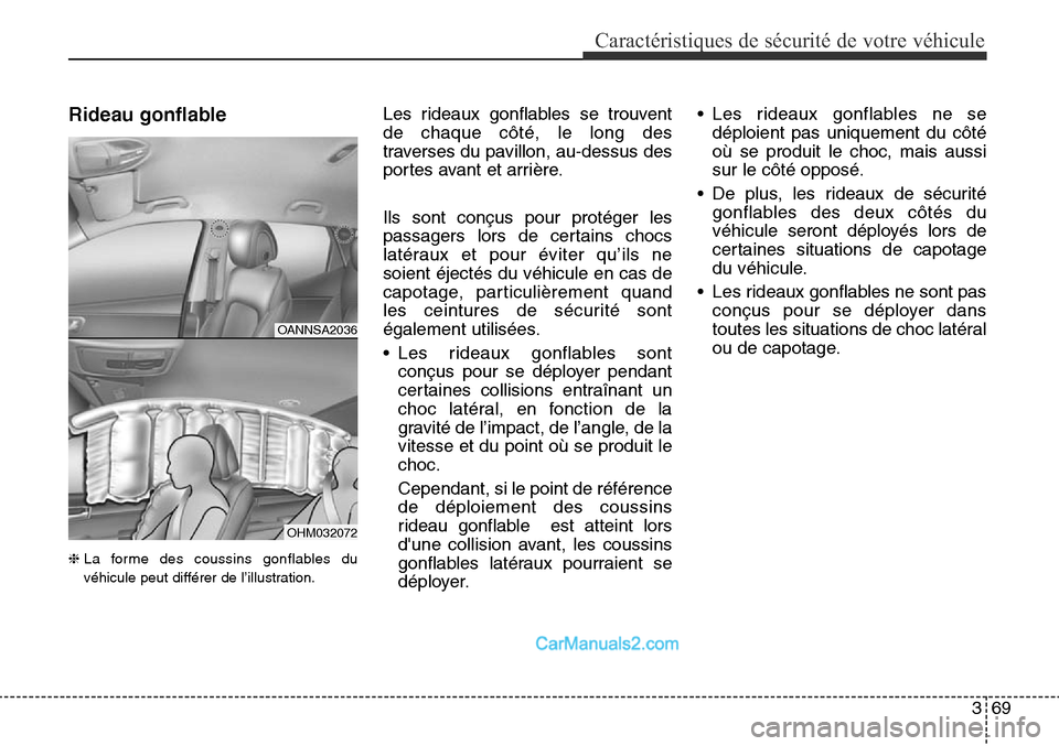 Hyundai Santa Fe Sport 2016  Manuel du propriétaire (in French) 369
Caractéristiques de sécurité de votre véhicule
OHM032072
Rideau gonflable
❈La forme des coussins gonflables du
véhicule peut différer de l’illustration.
Les rideaux gonflables se trouven