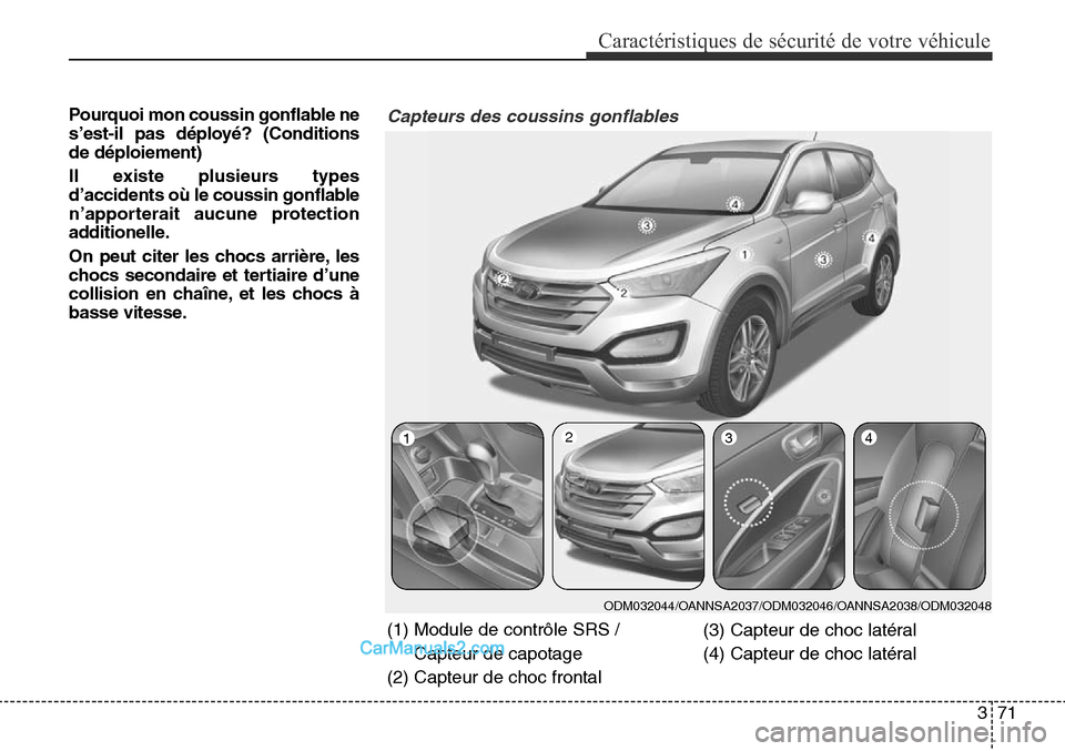 Hyundai Santa Fe Sport 2016  Manuel du propriétaire (in French) 371
Caractéristiques de sécurité de votre véhicule
Pourquoi mon coussin gonflable ne
s’est-il pas déployé? (Conditions
de déploiement)
Il existe plusieurs types
d’accidents où le coussin g