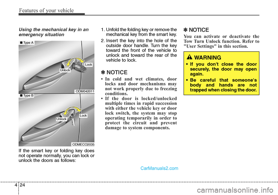 Hyundai Santa Fe Sport 2015  Owners Manual Features of your vehicle
24 4
Using the mechanical key in an
emergency situation
If the smart key or folding key does
not operate normally, you can lock or
unlock the doors as follows:1. Unfold the fo