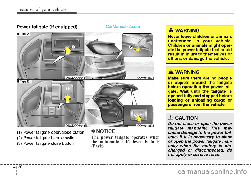 Hyundai Santa Fe Sport 2015  Owners Manual Features of your vehicle
30 4
Power tailgate (if equipped)
(1) Power tailgate open/close button 
(2) Power tailgate handle switch 
(3) Power tailgate close button✽NOTICE
The power tailgate operates 