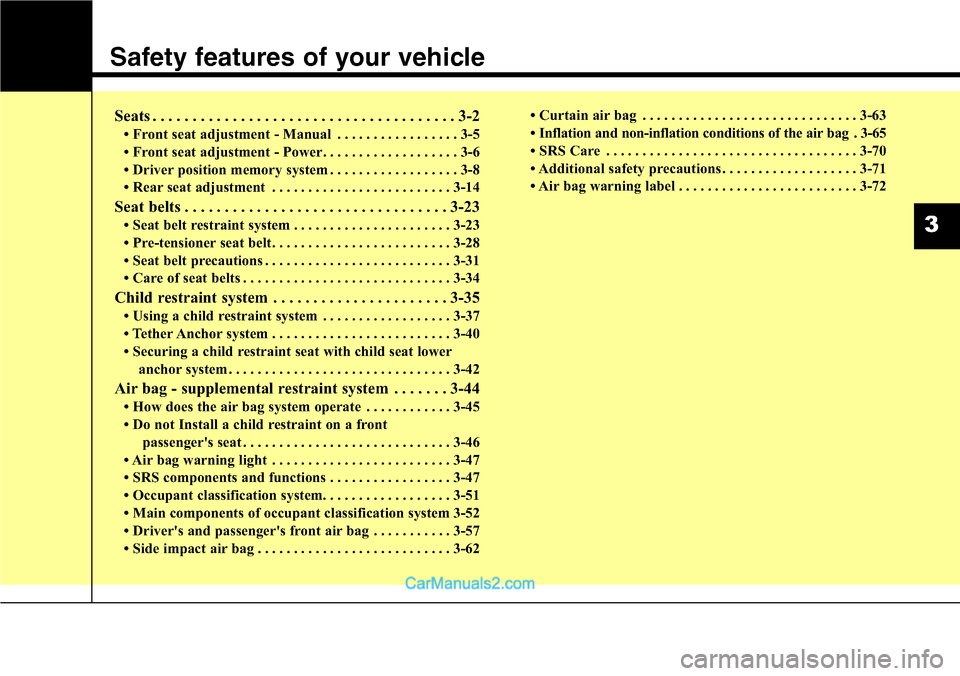 Hyundai Santa Fe Sport 2015  Owners Manual Safety features of your vehicle
Seats . . . . . . . . . . . . . . . . . . . . . . . . . . . . . . . . . . . . . . 3-2
• Front seat adjustment - Manual . . . . . . . . . . . . . . . . . 3-5
• Front