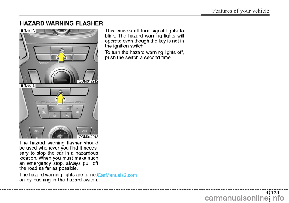 Hyundai Santa Fe Sport 2015  Owners Manual 4123
Features of your vehicle
The hazard warning flasher should
be used whenever you find it neces-
sary to stop the car in a hazardous
location. When you must make such
an emergency stop, always pull