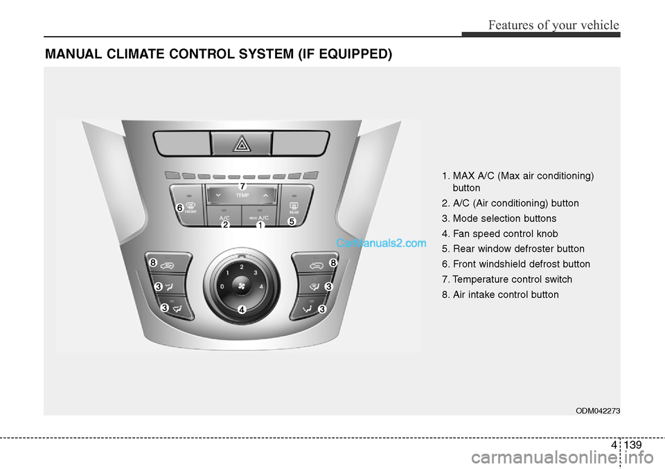 Hyundai Santa Fe Sport 2015  Owners Manual 4139
Features of your vehicle
MANUAL CLIMATE CONTROL SYSTEM (IF EQUIPPED)
ODM042273
1. MAX A/C (Max air conditioning) 
button
2. A/C (Air conditioning) button
3. Mode selection buttons
4. Fan speed co