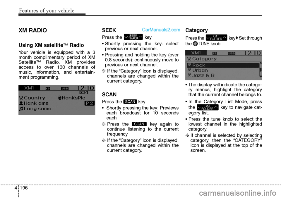 Hyundai Santa Fe Sport 2015  Owners Manual Features of your vehicle
196 4
XM RADIO
Using XM satellite™Radio
Your vehicle is equipped with a 3
month complimentary period of XM
Satellite™ Radio. XM provides
access to over 130 channels of
mus