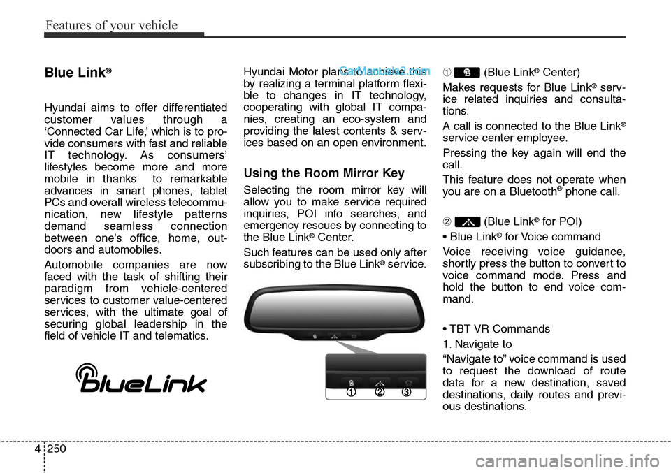Hyundai Santa Fe Sport 2015  Owners Manual Features of your vehicle
250 4
Blue Link®
Hyundai aims to offer differentiated
customer values through a
‘Connected Car Life,’ which is to pro-
vide consumers with fast and reliable
IT technology