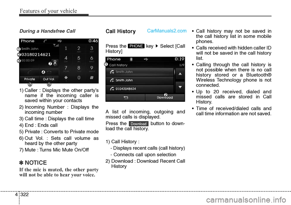 Hyundai Santa Fe Sport 2015 Owners Manual Features of your vehicle
322 4
During a Handsfree Call
1) Caller : Displays the other party’s
name if the incoming caller is
saved within your contacts
2) Incoming Number : Displays the
incoming num Hyundai Santa Fe Sport 2015 Owners Manual Features of your vehicle
322 4
During a Handsfree Call
1) Caller : Displays the other party’s
name if the incoming caller is
saved within your contacts
2) Incoming Number : Displays the
incoming num