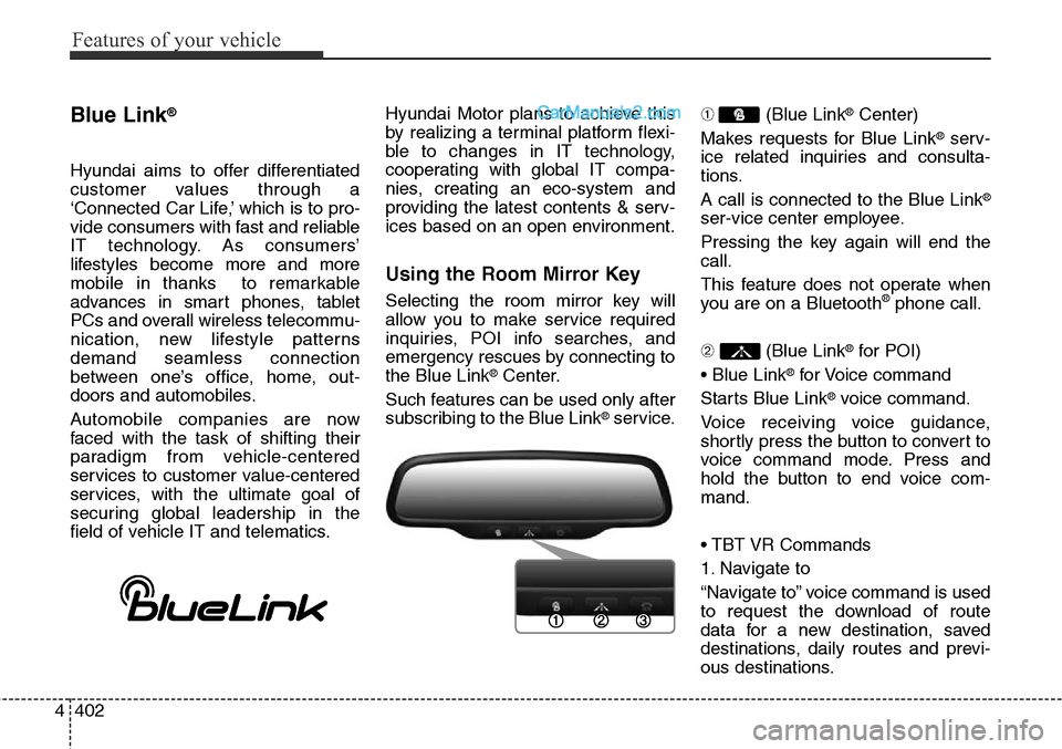 Hyundai Santa Fe Sport 2015  Owners Manual Features of your vehicle
402 4
Blue Link®
Hyundai aims to offer differentiated
customer values through a
‘Connected Car Life,’ which is to pro-
vide consumers with fast and reliable
IT technology
