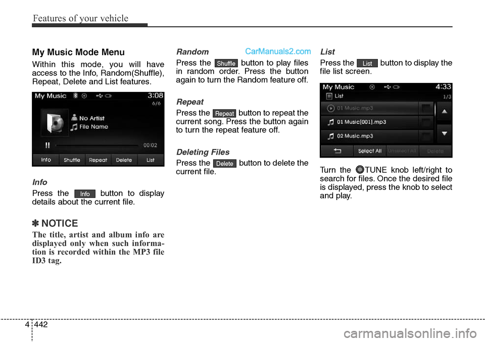 Hyundai Santa Fe Sport 2015  Owners Manual Features of your vehicle
442 4
My Music Mode Menu
Within this mode, you will have
access to the Info, Random(Shuffle),
Repeat, Delete and List features.
Info
Press the  button to display
details about