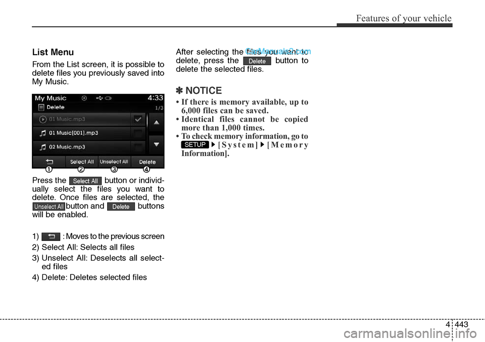 Hyundai Santa Fe Sport 2015  Owners Manual 4443
Features of your vehicle
List Menu
From the List screen, it is possible to
delete files you previously saved into
My Music.
Press the  button or individ-
ually select the files you want to
delete