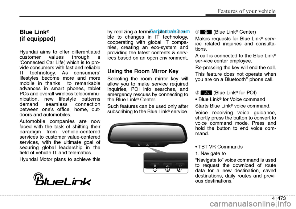 Hyundai Santa Fe Sport 2015  Owners Manual 4473
Features of your vehicle
Blue Link®
(if equipped)
Hyundai aims to offer differentiated
customer values through a
‘Connected Car Life,’ which is to pro-
vide consumers with fast and reliable
