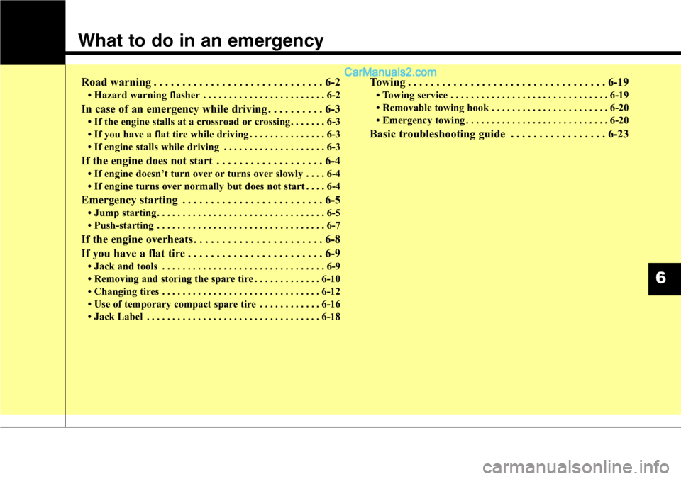 Hyundai Santa Fe Sport 2015  Owners Manual What to do in an emergency
Road warning . . . . . . . . . . . . . . . . . . . . . . . . . . . . . . 6-2
• Hazard warning flasher . . . . . . . . . . . . . . . . . . . . . . . . 6-2
In case of an eme