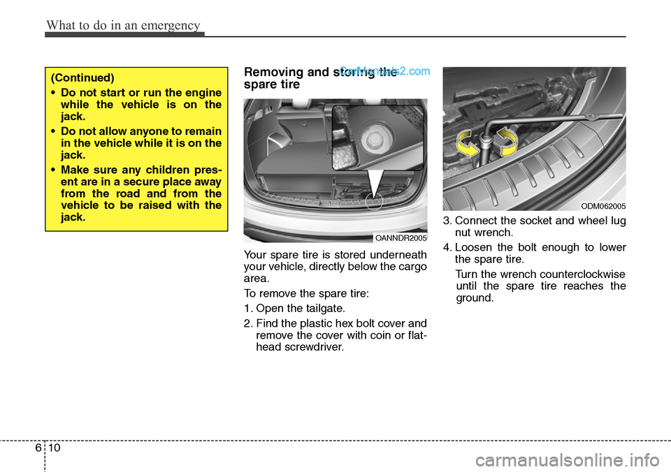 Hyundai Santa Fe Sport 2015  Owners Manual What to do in an emergency
10 6
Removing and storing the
spare tire
Your spare tire is stored underneath
your vehicle, directly below the cargo
area.
To remove the spare tire:
1. Open the tailgate.
2.