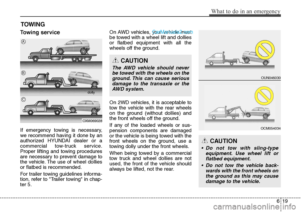 Hyundai Santa Fe Sport 2015  Owners Manual 619
What to do in an emergency
TOWING
Towing service
If emergency towing is necessary,
we recommend having it done by an
authorized HYUNDAI dealer or a
commercial tow-truck service.
Proper lifting and