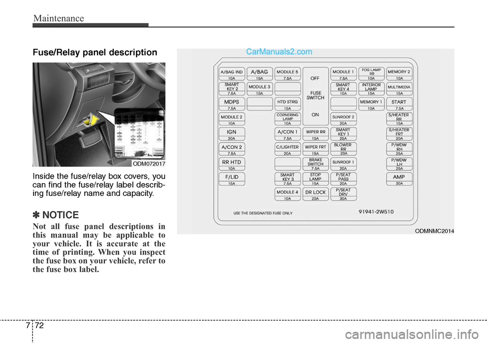 Hyundai Santa Fe Sport 2015  Owners Manual Maintenance
72 7
Fuse/Relay panel description
Inside the fuse/relay box covers, you
can find the fuse/relay label describ-
ing fuse/relay name and capacity.
✽NOTICE
Not all fuse panel descriptions i