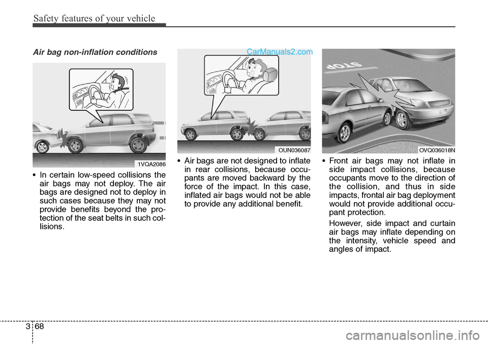 Hyundai Santa Fe Sport 2015  Owners Manual Safety features of your vehicle
68 3
Air bag non-inflation conditions
• In certain low-speed collisions the
air bags may not deploy. The air
bags are designed not to deploy in
such cases because the