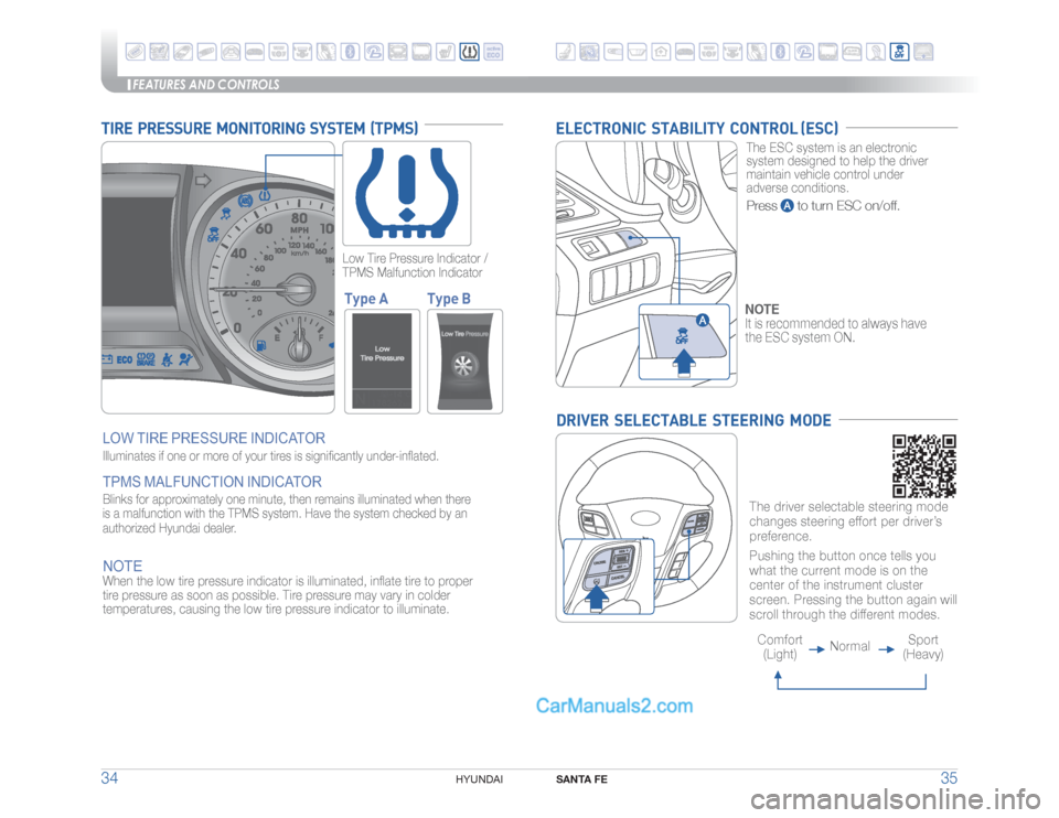 Hyundai Santa Fe Sport 2015 Quick Reference Guide FEATURES AND CONTROLS
SANTA FE
35 34
HYUNDAI
TIRE PRESSURE MONITORING SYSTEM (TPMS)LOW TIRE PRESSURE INDICATOR Illuminates if one or more of your tires is significantly under-inflated. TPMS MAL Hyundai Santa Fe Sport 2015 Quick Reference Guide FEATURES AND CONTROLS
SANTA FE
35 34
HYUNDAI
TIRE PRESSURE MONITORING SYSTEM (TPMS)LOW TIRE PRESSURE INDICATOR Illuminates if one or more of your tires is significantly under-inflated. TPMS MAL