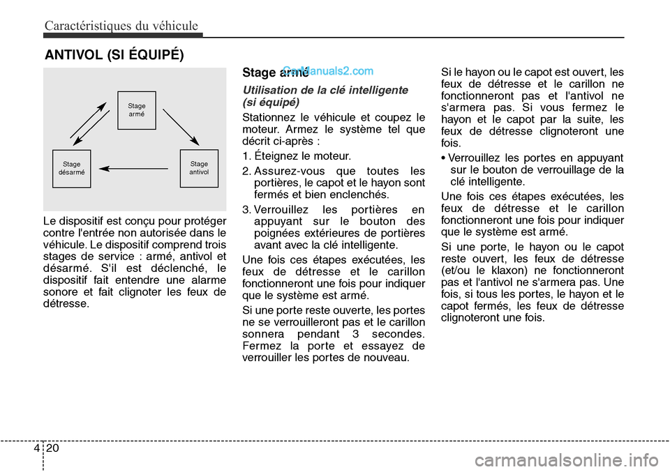 Hyundai Santa Fe Sport 2015  Manuel du propriétaire (in French) Caractéristiques du véhicule
20
4
Le dispositif est conçu pour protéger
contre lentrée non autorisée dans le
véhicule. Le dispositif comprend trois
stages de service : armé, antivol et
désar