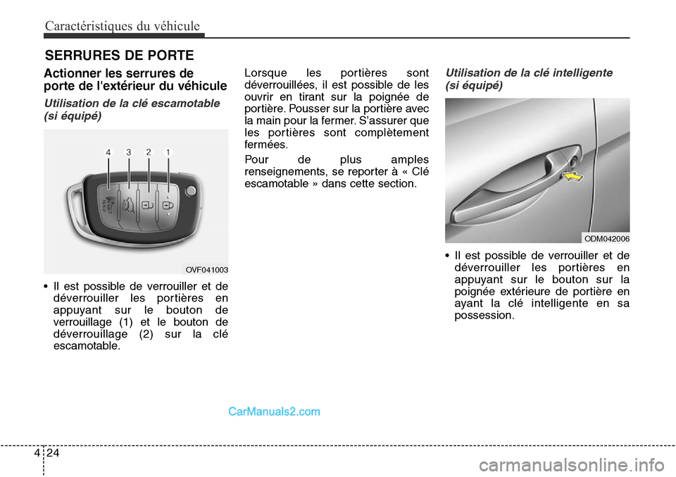 Hyundai Santa Fe Sport 2015  Manuel du propriétaire (in French) Caractéristiques du véhicule
24
4
Actionner les serrures de
porte de lextérieur du véhicule
Utilisation de la clé escamotable
(si équipé)
• Il est possible de verrouiller et de déverrouille