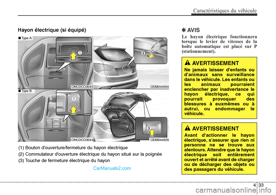 Hyundai Santa Fe Sport 2015  Manuel du propriétaire (in French) Hayon électrique (si équipé)✽AVIS
Le hayon électrique fonctionnera
lorsque le levier de vitesses de la
boîte automatique est placé sur P
(stationnement).
433
Caractéristiques du véhicule
ONC
