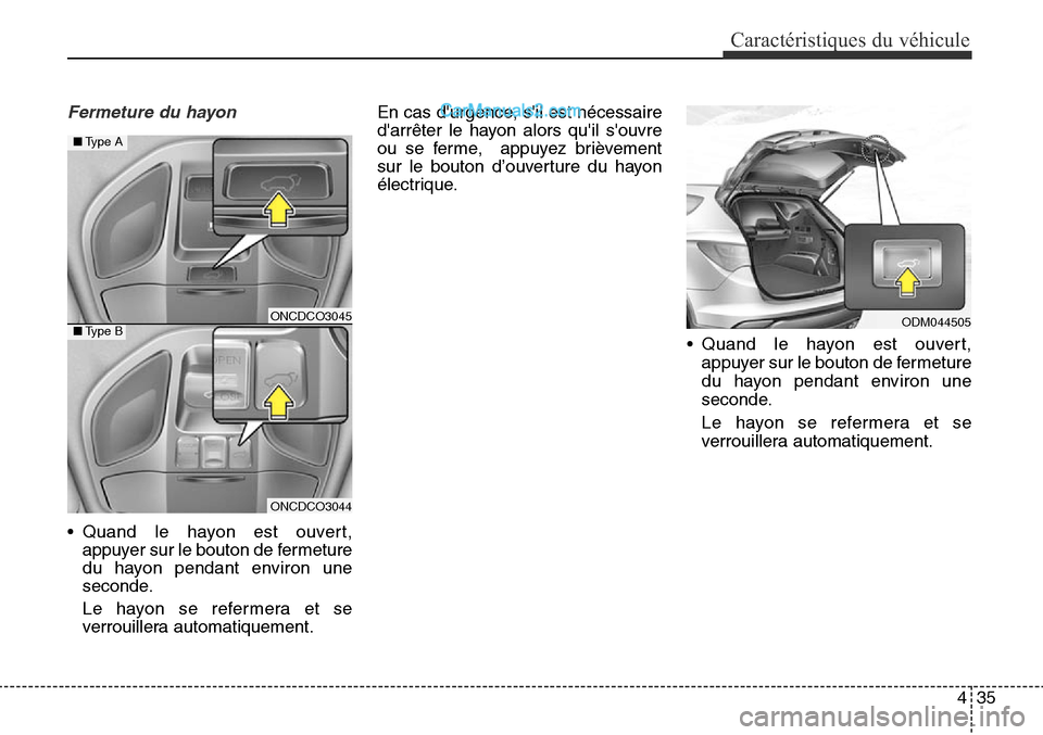 Hyundai Santa Fe Sport 2015  Manuel du propriétaire (in French) 435
Caractéristiques du véhicule
Fermeture du hayon
ONCDCO3044
■Type A
■Type BODM044505
• Quand le hayon est ouvert,appuyer sur le bouton de fermeture
du hayon pendant environ une
seconde.
Le 
