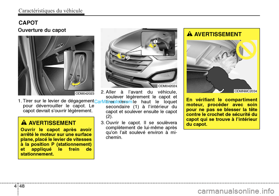 Hyundai Santa Fe Sport 2015  Manuel du propriétaire (in French) Caractéristiques du véhicule
48
4
Ouverture du capot
1. Tirer sur le levier de dégagement
pour déverrouiller le capot. Le
capot devrait s’ouvrir légèrement. 2. Aller à l’avant du véhicule,