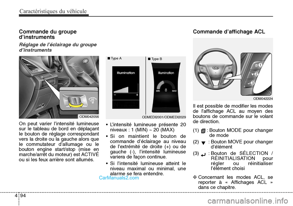 Hyundai Santa Fe Sport 2015  Manuel du propriétaire (in French) Caractéristiques du véhicule
94
4
Commande du groupe
d’instruments
Réglage de l’éclairage du groupe
d’instruments
On peut varier l’intensité lumineuse
sur le tableau de bord en déplaçan