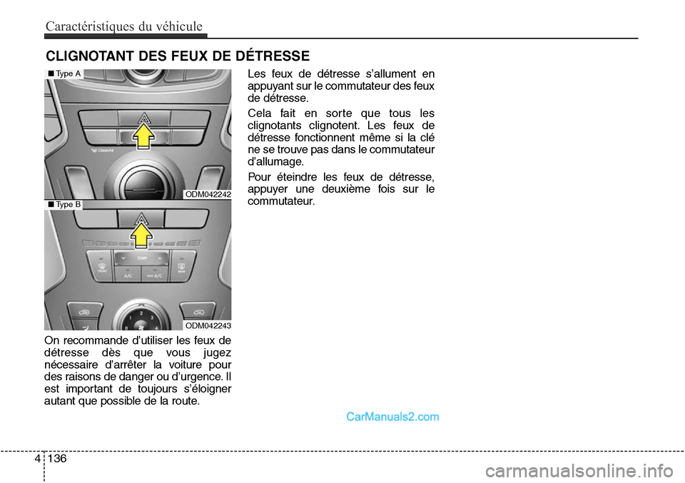 Hyundai Santa Fe Sport 2015  Manuel du propriétaire (in French) ODM042243
■Type A
■Type B
4 136
Caractéristiques du véhicule
CLIGNOTANT DES FEUX DE DÉTRESSE
On recommande d’utiliser les feux de
détresse dès que vous jugez
nécessaire d’arrêter la voi