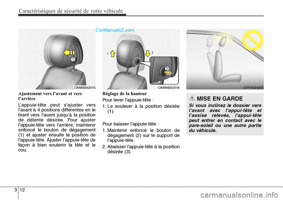 Hyundai Santa Fe Sport 2015  Manuel du propriétaire (in French) Caractéristiques de sécurité de votre véhicule
12
3
OANNSA2015OYFH034205
Ajustement vers l’avant et vers
l’arrière 
L’appuie-tête peut s’ajuster vers
l’avant à 4 positions différente