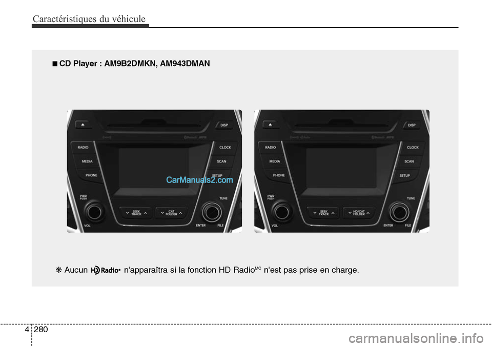 Hyundai Santa Fe Sport 2015  Manuel du propriétaire (in French) Caractéristiques du véhicule
280
4
■ CD Player : AM9B2DMKN, AM943DMAN
❋ Aucun  napparaîtra si la fonction HD Radio
MCnest pas prise en charge.  