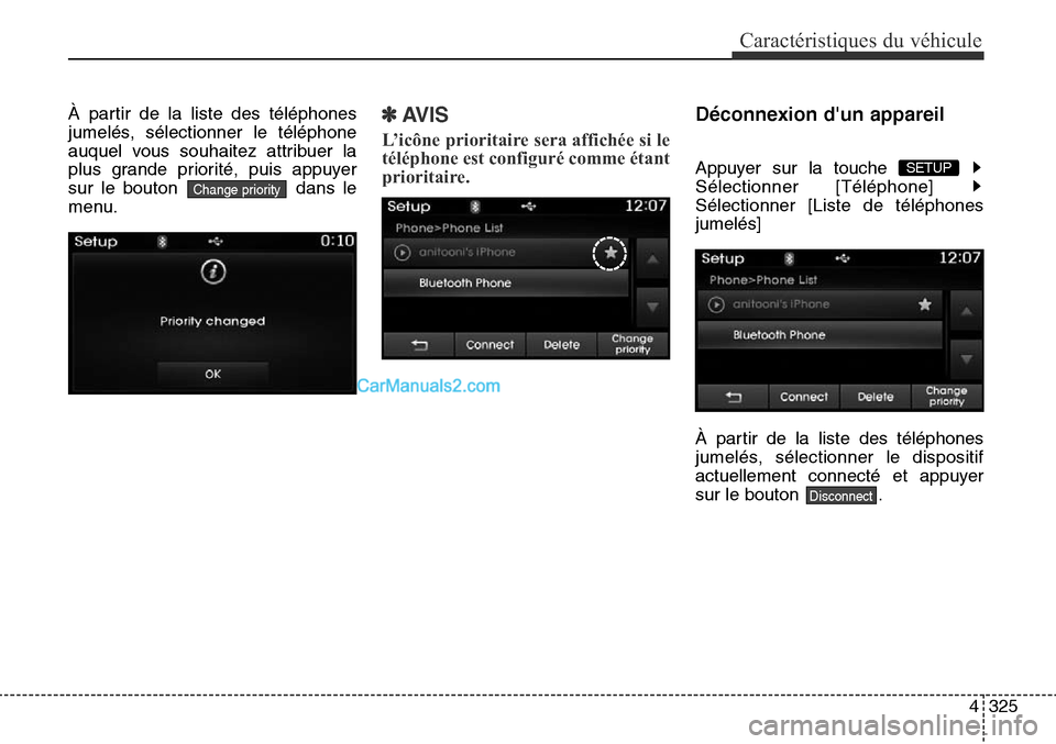 Hyundai Santa Fe Sport 2015  Manuel du propriétaire (in French) 4325
Caractéristiques du véhicule
À partir de la liste des téléphones
jumelés, sélectionner le téléphone
auquel vous souhaitez attribuer la
plus grande priorité, puis appuyer
sur le bouton  