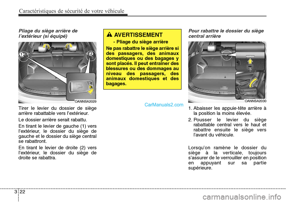 Hyundai Santa Fe Sport 2015  Manuel du propriétaire (in French) Caractéristiques de sécurité de votre véhicule
22
3
Pliage du siège arrière de
l’extérieur (si équipé)
Tirer le levier du dossier de siège
arrière rabattable vers l’extérieur.
Le dossi
