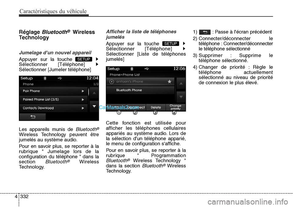 Hyundai Santa Fe Sport 2015  Manuel du propriétaire (in French) Caractéristiques du véhicule
332
4
RéglageBluetooth®Wireless
Technology
Jumelage dun nouvel appareil
Appuyer sur la touche 
Sélectionner [Téléphone] 
Sélectionner [Jumeler téléphone]
Les ap