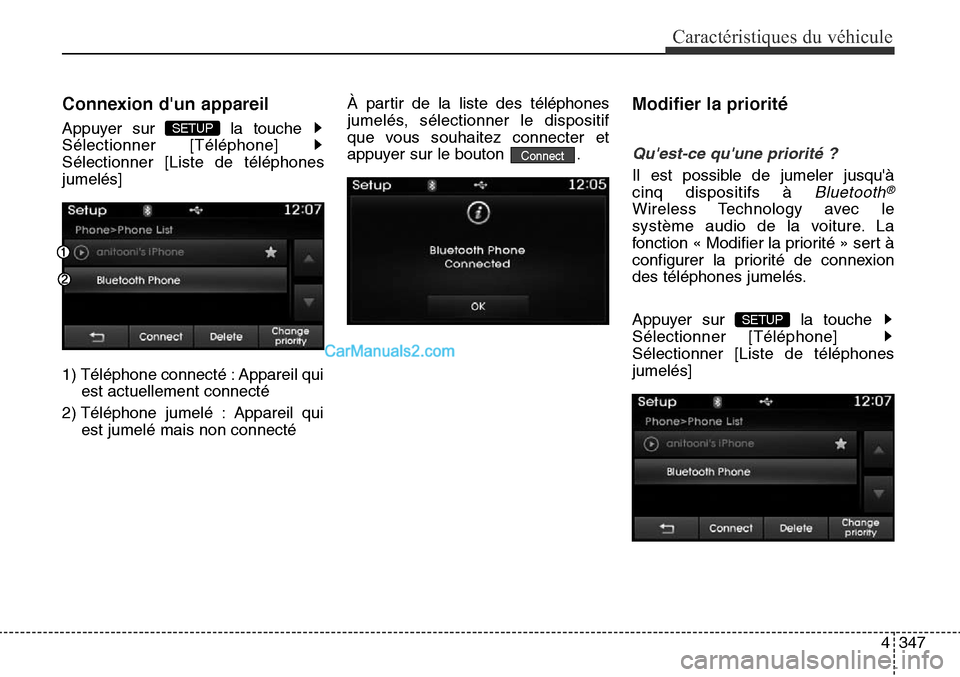Hyundai Santa Fe Sport 2015  Manuel du propriétaire (in French) 4347
Caractéristiques du véhicule
Connexion dun appareil
Appuyer sur  la touche 
Sélectionner [Téléphone] 
Sélectionner [Liste de téléphones
jumelés]
1) Téléphone connecté : Appareil quie