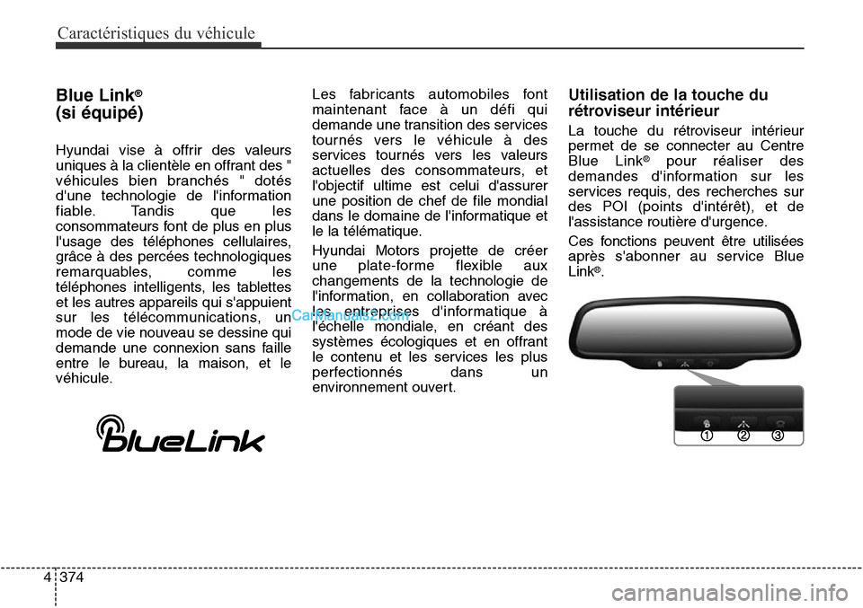 Hyundai Santa Fe Sport 2015  Manuel du propriétaire (in French) Caractéristiques du véhicule
374
4
Blue Link®
(si équipé)
Hyundai vise à offrir des valeurs
uniques à la clientèle en offrant des "
véhicules bien branchés " dotés
dune technologie de lin