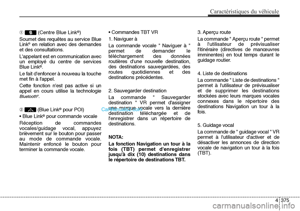 Hyundai Santa Fe Sport 2015  Manuel du propriétaire (in French) 4375
Caractéristiques du véhicule
➀(Centre Blue Link®)
Soumet des requêtes au service Blue
Link
®en relation avec des demandes
et des consultations.
Lappelant est en communication avec
un empl