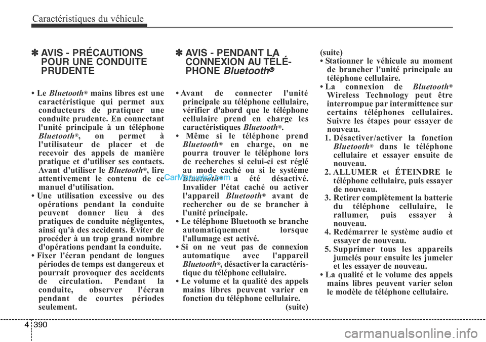 Hyundai Santa Fe Sport 2015 Manuel du propriétaire (in French) Caractéristiques du véhicule
390
4
✽AVIS - PRÉCAUTIONS
POUR UNE CONDUITE
PRUDENTE
• Le Bluetooth®mains libres est une
caractéristique qui permet aux
conducteurs de pratiquer une
conduite pru Hyundai Santa Fe Sport 2015 Manuel du propriétaire (in French) Caractéristiques du véhicule
390
4
✽AVIS - PRÉCAUTIONS
POUR UNE CONDUITE
PRUDENTE
• Le Bluetooth®mains libres est une
caractéristique qui permet aux
conducteurs de pratiquer une
conduite pru