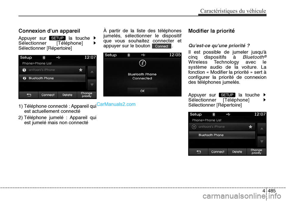 Hyundai Santa Fe Sport 2015  Manuel du propriétaire (in French) 4485
Caractéristiques du véhicule
Connexion dun appareil
Appuyer sur  la touche 
Sélectionner [Téléphone] 
Sélectionner [Répertoire]
1) Téléphone connecté : Appareil quiest actuellement con
