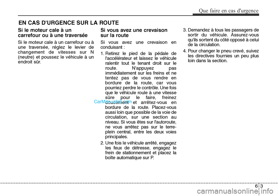 Hyundai Santa Fe Sport 2015 Manuel du propriétaire (in French) 63
Que faire en cas durgence
EN CAS DURGENCE SUR LA ROUTE
Si le moteur cale à un
carrefour ou à une traversée
Si le moteur cale à un carrefour ou à
une traversée, réglez le levier de
changeme Hyundai Santa Fe Sport 2015 Manuel du propriétaire (in French) 63
Que faire en cas durgence
EN CAS DURGENCE SUR LA ROUTE
Si le moteur cale à un
carrefour ou à une traversée
Si le moteur cale à un carrefour ou à
une traversée, réglez le levier de
changeme