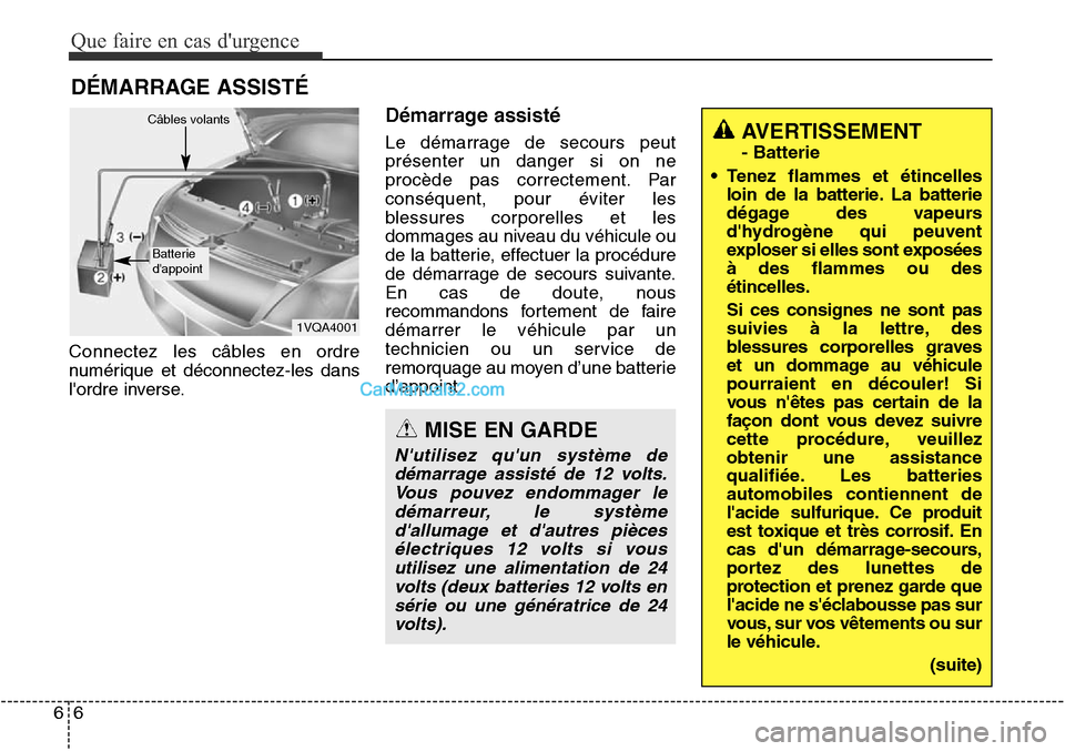 Hyundai Santa Fe Sport 2015 Manuel du propriétaire (in French) Que faire en cas durgence
66
DÉMARRAGE ASSISTÉ
Connectez les câbles en ordre
numérique et déconnectez-les dans
lordre inverse.
Démarrage assisté
Le démarrage de secours peut
présenter un da Hyundai Santa Fe Sport 2015 Manuel du propriétaire (in French) Que faire en cas durgence
66
DÉMARRAGE ASSISTÉ
Connectez les câbles en ordre
numérique et déconnectez-les dans
lordre inverse.
Démarrage assisté
Le démarrage de secours peut
présenter un da