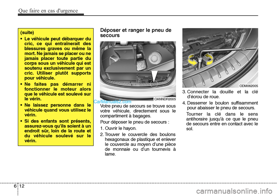 Hyundai Santa Fe Sport 2015  Manuel du propriétaire (in French) Que faire en cas durgence
12
6
Déposer et ranger le pneu de
secours
Votre pneu de secours se trouve sous
votre véhicule, directement sous le
compartiment à bagages.
Pour déposer le pneu de secour