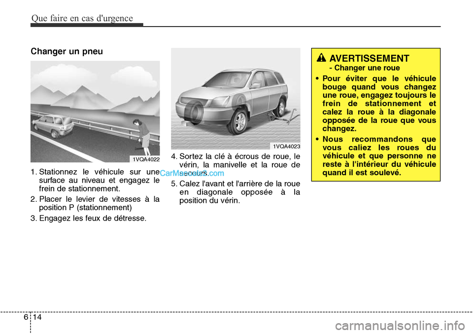 Hyundai Santa Fe Sport 2015  Manuel du propriétaire (in French) Que faire en cas durgence
14
6
Changer un pneu
1. Stationnez le véhicule sur une
surface au niveau et engagez le
frein de stationnement.
2. Placer le levier de vitesses à la position P (stationneme
