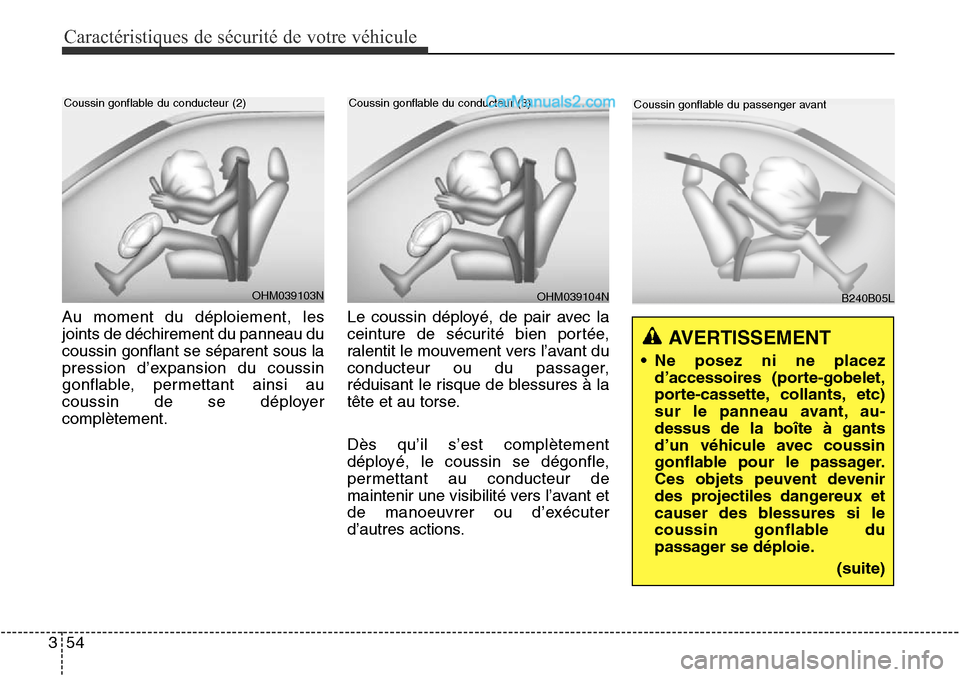 Hyundai Santa Fe Sport 2015 Manuel du propriétaire (in French) Caractéristiques de sécurité de votre véhicule
54
3
Au moment du déploiement, les
joints de déchirement du panneau du
coussin gonflant se séparent sous la
pression d’expansion du coussin
gonf Hyundai Santa Fe Sport 2015 Manuel du propriétaire (in French) Caractéristiques de sécurité de votre véhicule
54
3
Au moment du déploiement, les
joints de déchirement du panneau du
coussin gonflant se séparent sous la
pression d’expansion du coussin
gonf