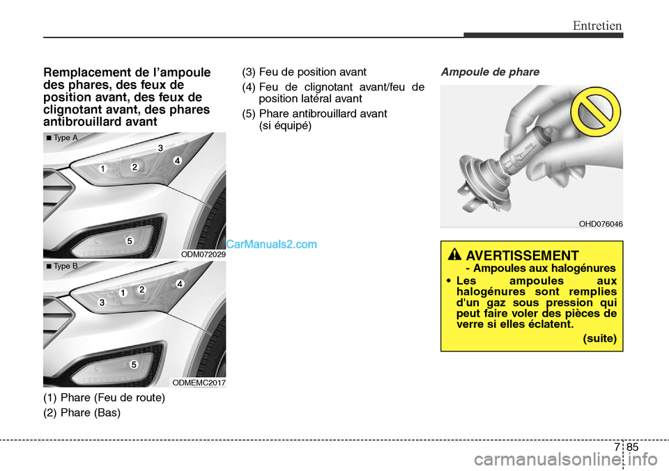 Hyundai Santa Fe Sport 2015  Manuel du propriétaire (in French) 785
Entretien
Remplacement de l’ampoule
des phares, des feux de
position avant, des feux de
clignotant avant, des phares
antibrouillard avant
(1) Phare (Feu de route)
(2) Phare (Bas)(3) Feu de posit