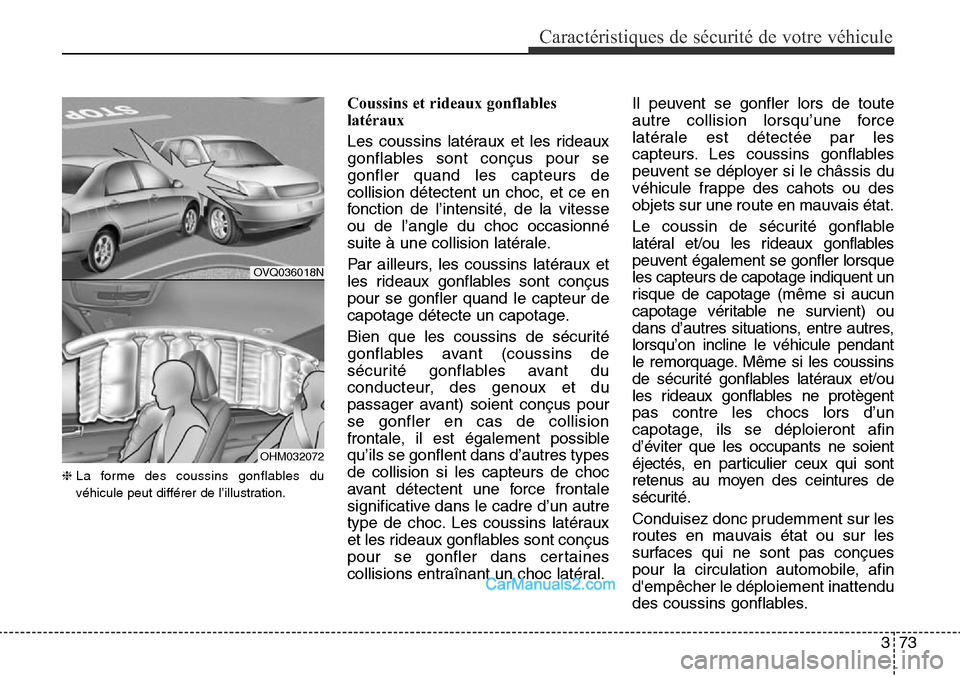 Hyundai Santa Fe Sport 2015  Manuel du propriétaire (in French) 373
Caractéristiques de sécurité de votre véhicule
❈La forme des coussins gonflables du
véhicule peut différer de l’illustration.
Coussins et rideaux gonflables
latéraux
Les coussins latér
