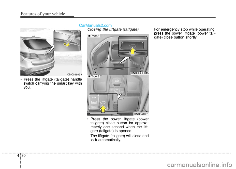 Hyundai Santa Fe XL 2019  Owners Manual Features of your vehicle
30
4
 Press the liftgate (tailgate) handle
switch carrying the smart key with
you.
Closing the liftgate (tailgate)
 Press the power liftgate (powertailgate) close button for a