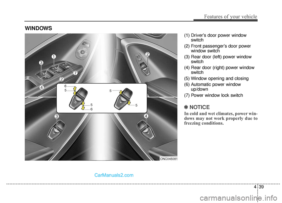 Hyundai Santa Fe XL 2019  Owners Manual 439
Features of your vehicle
(1) Drivers door power windowswitch
(2) Front passengers door power window switch
(3) Rear door (left) power window switch
(4) Rear door (right) power window switch
(5) 