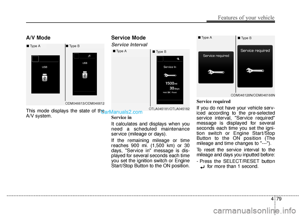Hyundai Santa Fe XL 2019  Owners Manual 479
Features of your vehicle
A/V Mode
This mode displays the state of the
A/V system.
Service Mode
Service Interval
Service in
It calculates and displays when you
need a scheduled maintenance
service 