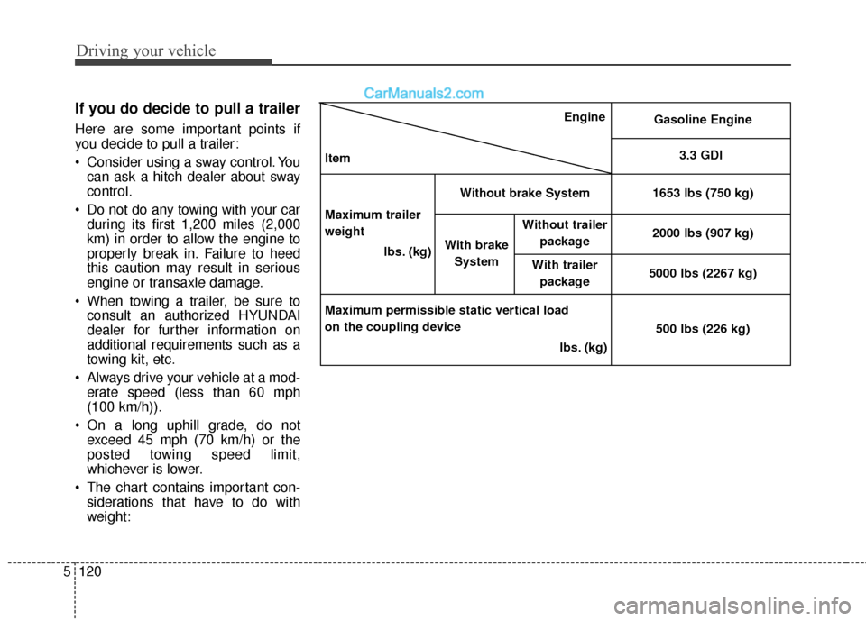 Hyundai Santa Fe XL 2019 Owners Manual Driving your vehicle
120
5
If you do decide to pull a trailer
Here are some important points if
you decide to pull a trailer:
Consider using a sway control. You
can ask a hitch dealer about sway
cont Hyundai Santa Fe XL 2019 Owners Manual Driving your vehicle
120
5
If you do decide to pull a trailer
Here are some important points if
you decide to pull a trailer:
Consider using a sway control. You
can ask a hitch dealer about sway
cont