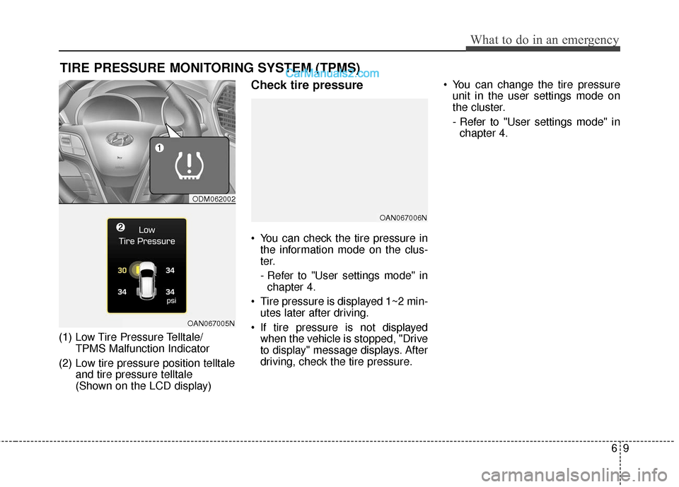 Hyundai Santa Fe XL 2019  Owners Manual 69
What to do in an emergency
TIRE PRESSURE MONITORING SYSTEM (TPMS)
(1) Low Tire Pressure Telltale/TPMS Malfunction Indicator
(2) Low tire pressure position telltale and tire pressure telltale 
(Show