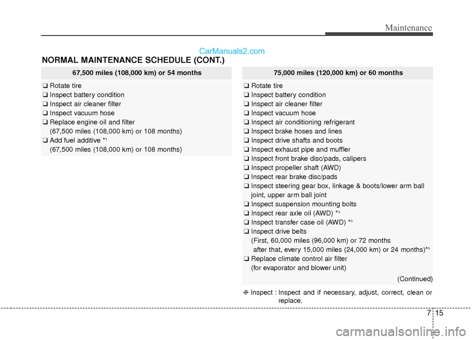 Hyundai Santa Fe XL 2019 Owners Manual 715
Maintenance
NORMAL MAINTENANCE SCHEDULE (CONT.)
67,500 miles (108,000 km) or 54 months
❑Rotate tire
❑ Inspect battery condition
❑ Inspect air cleaner filter
❑ Inspect vacuum hose
❑ Repla Hyundai Santa Fe XL 2019 Owners Manual 715
Maintenance
NORMAL MAINTENANCE SCHEDULE (CONT.)
67,500 miles (108,000 km) or 54 months
❑Rotate tire
❑ Inspect battery condition
❑ Inspect air cleaner filter
❑ Inspect vacuum hose
❑ Repla